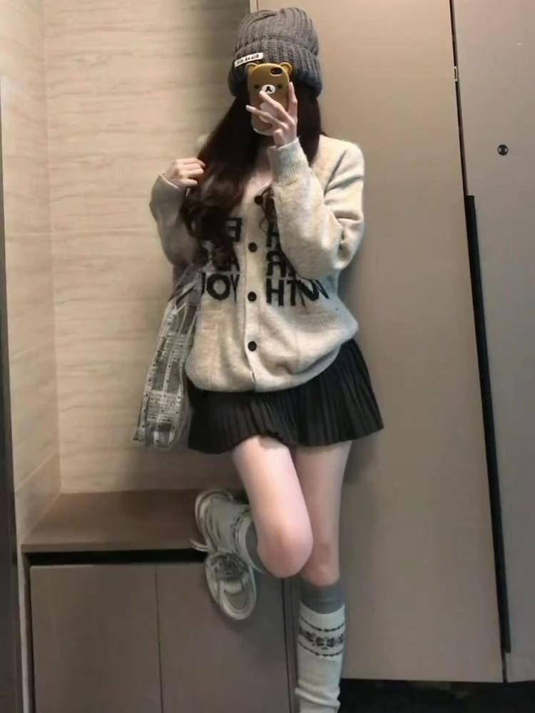 韓系氣質百搭針織開衫+高腰顯瘦半身裙兩件套