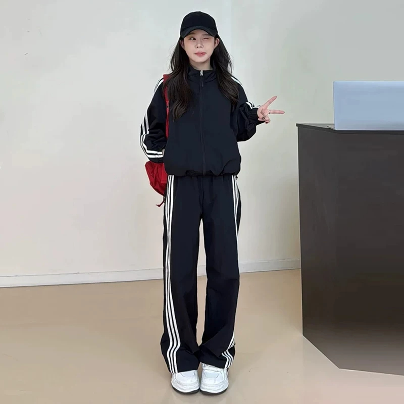 美式休閒風黑色套裝｜立領寬鬆外套+高腰闊腿褲