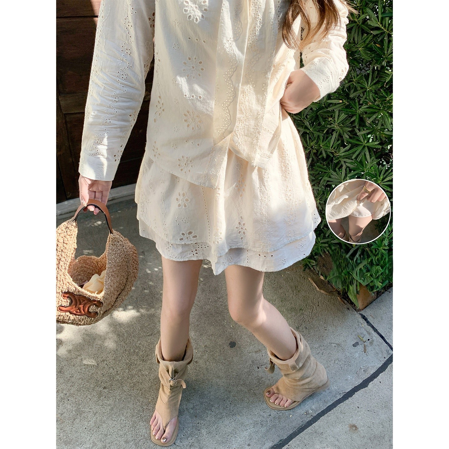 韓系杏色蝴蝶結鏤空襯衫 | 短裙兩件套