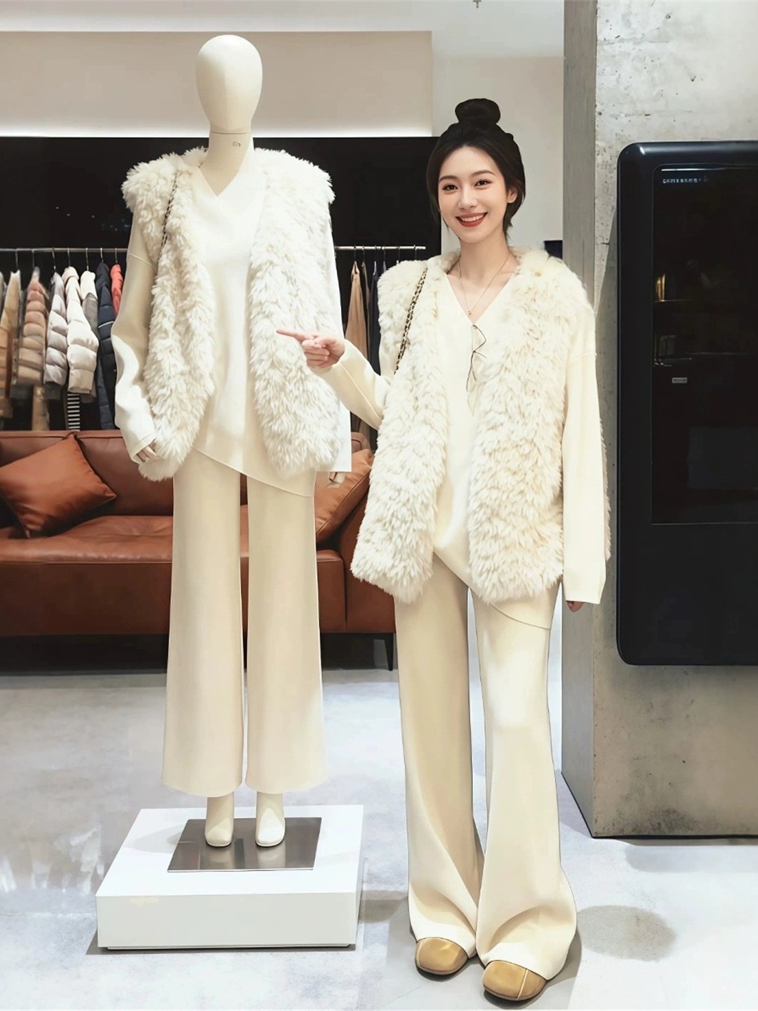 冬日高級感套裝｜毛毛背心｜針織上衣｜針織長褲｜氣質層次感穿搭