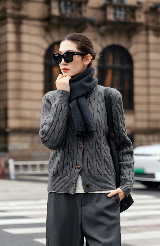 秋冬高級懶人套組｜灰色系慵懶針織開衫｜灰色高腰西裝褲｜顯瘦顯高穿搭