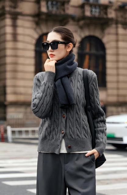 秋冬高級懶人套組｜灰色系慵懶針織開衫｜灰色高腰西裝褲｜顯瘦顯高穿搭