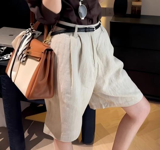 秋季老錢風套裝｜咖啡色翻領襯衫+亞麻短褲｜韓系高級感兩件式