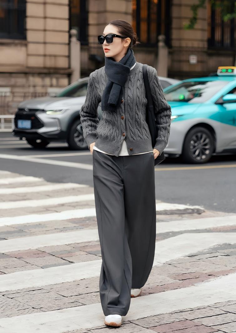 秋冬高級懶人套組｜灰色系慵懶針織開衫｜灰色高腰西裝褲｜顯瘦顯高穿搭