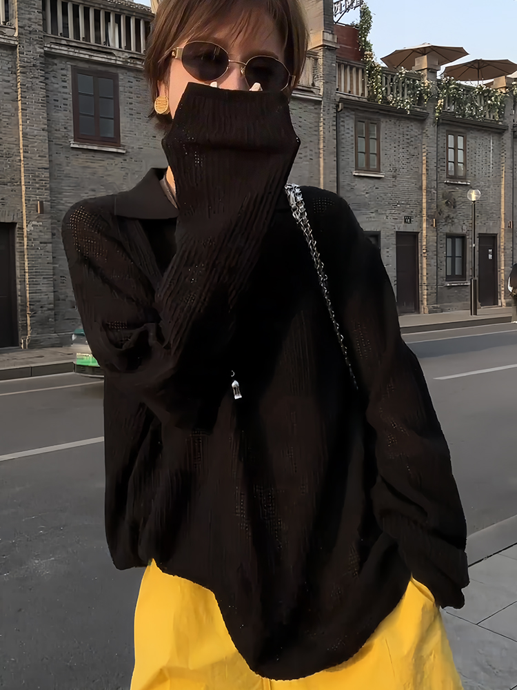 慵懶風POLO翻領黑色針織上衣｜寬鬆黃色短褲