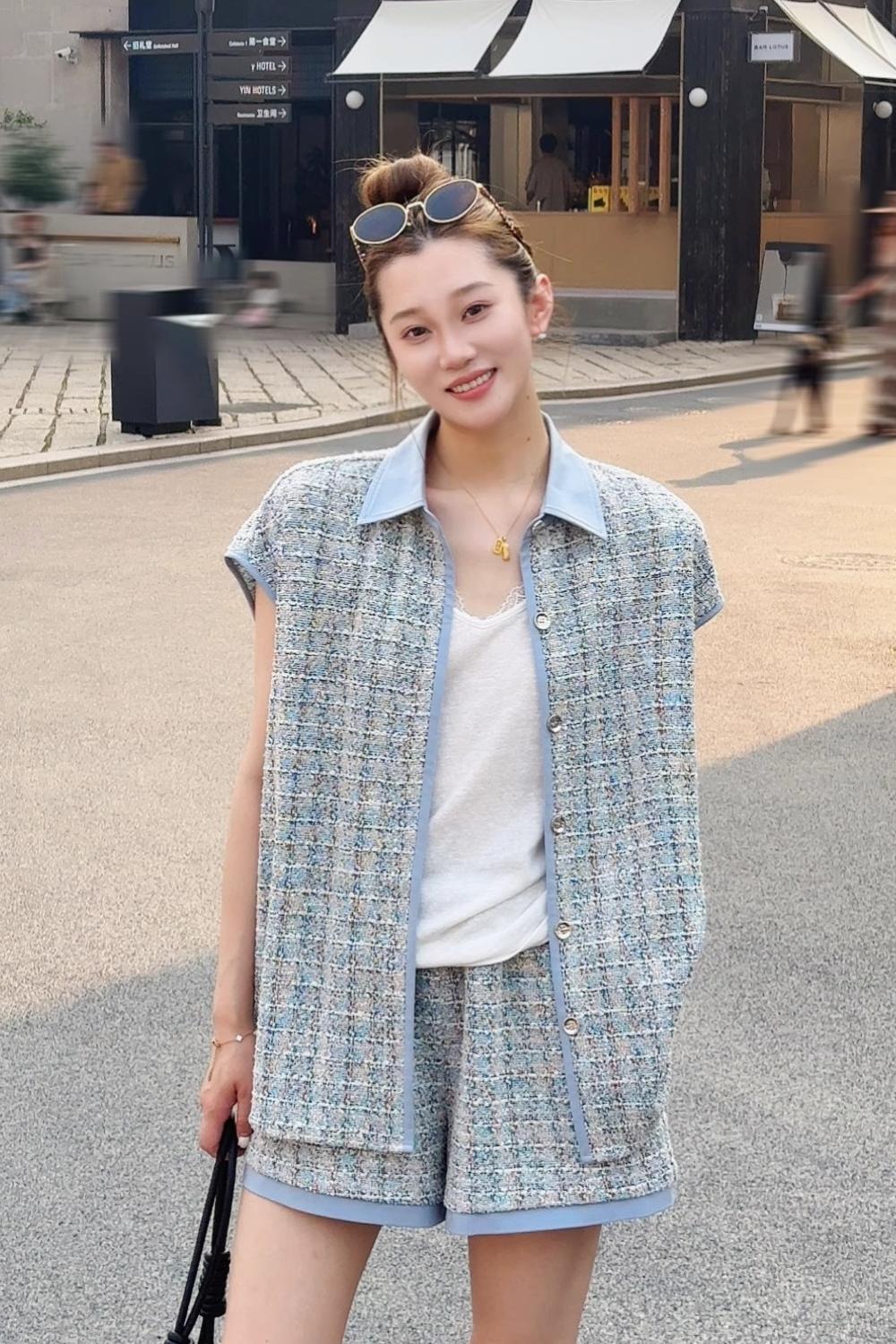 夏季藍色小香風套裝｜POLO領背心+短褲 | 薄款寬鬆剪裁｜獨家設計款藍色系