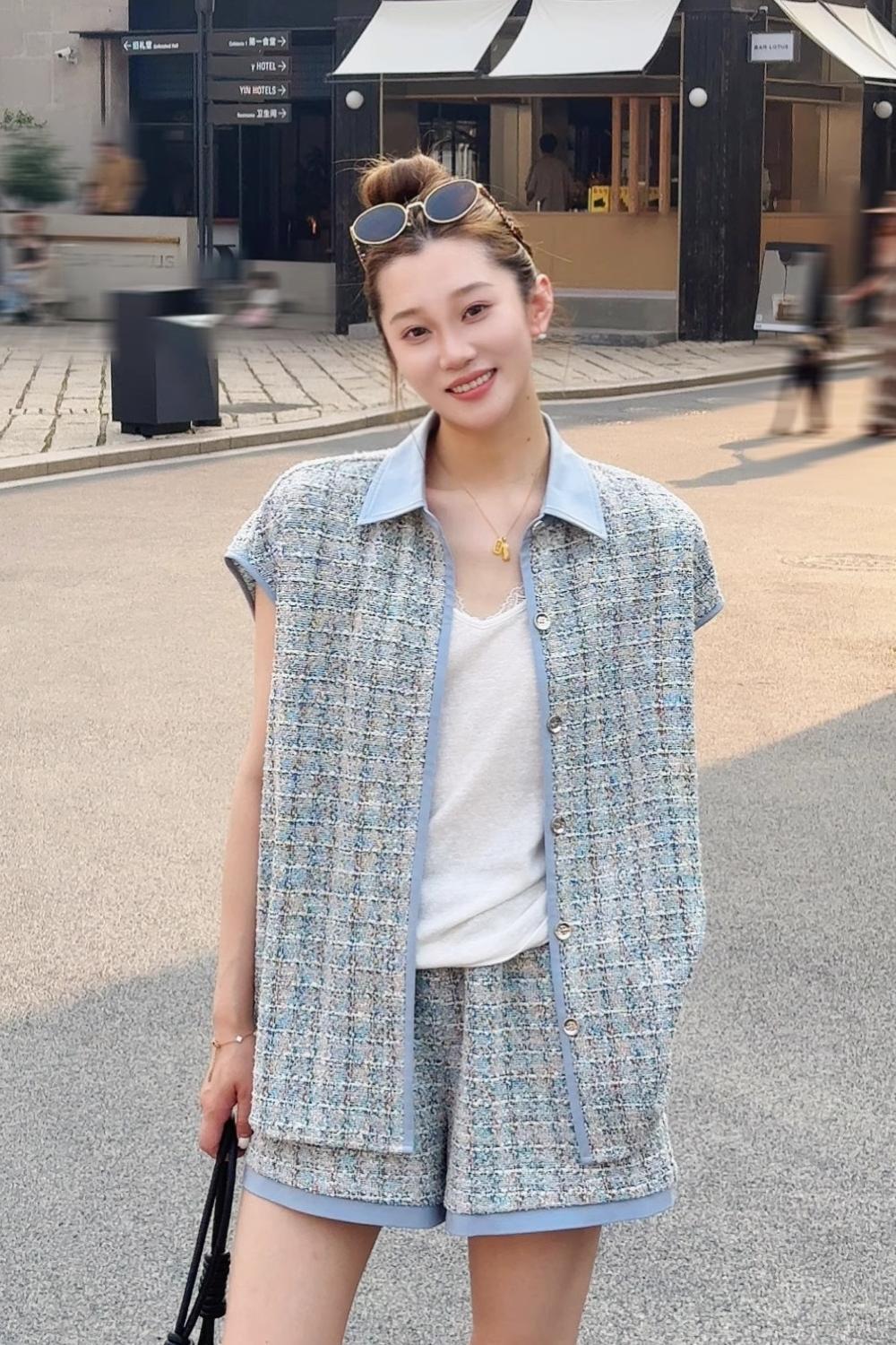 夏季藍色小香風套裝｜POLO領背心+短褲 | 薄款寬鬆剪裁｜獨家設計款藍色系