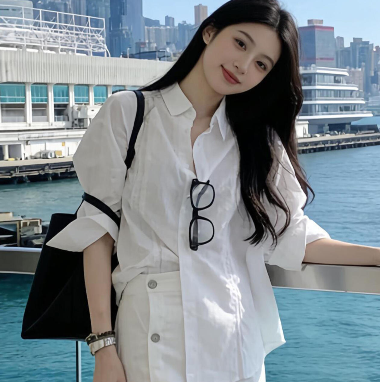 法式老錢風純白套裝｜棉麻長袖防晒襯衫｜紐扣高腰半身裙