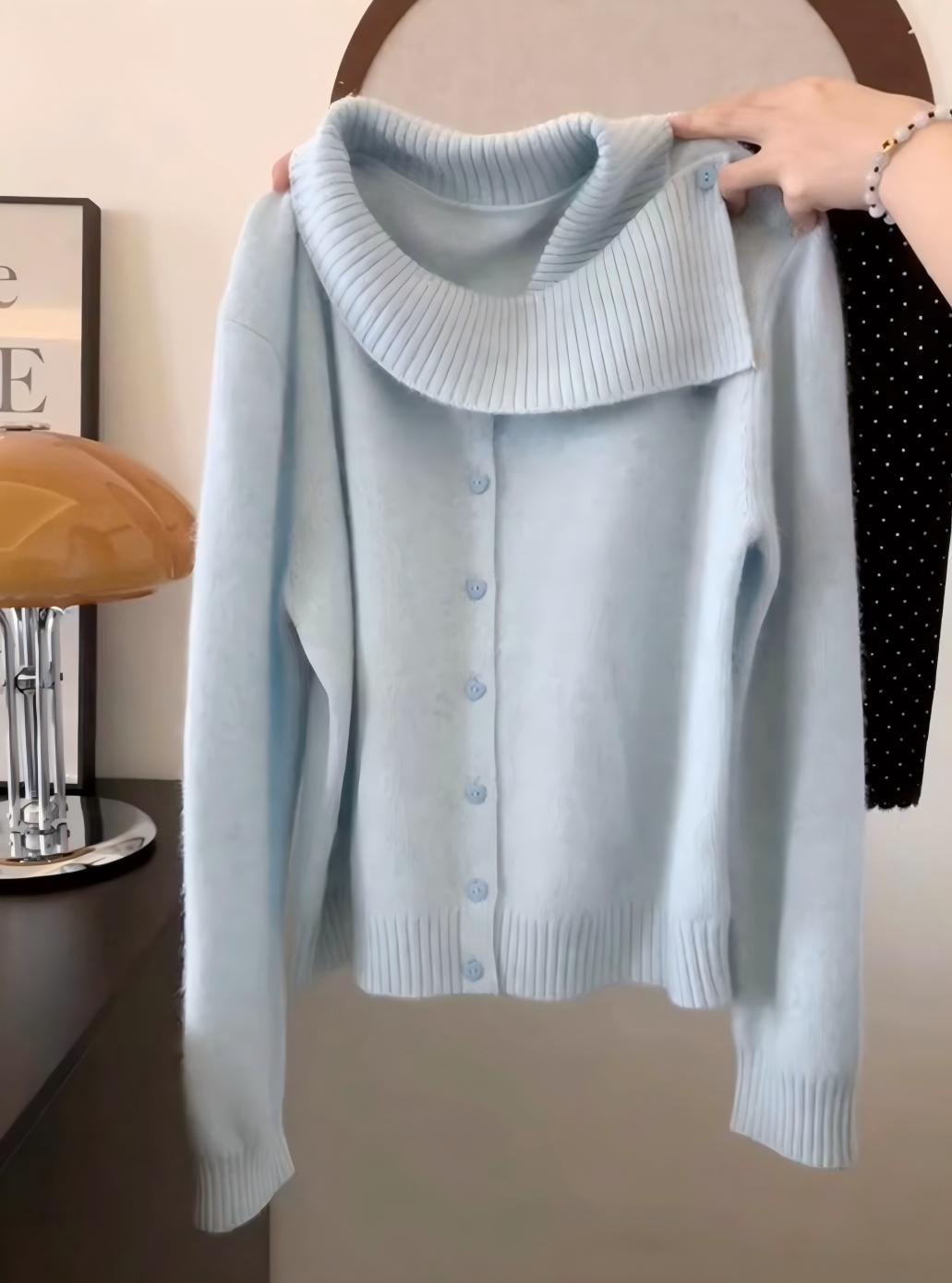 法式溫柔風顯白套裝｜藍色不規則領針織衫｜白色蕾絲花邊內搭｜秋季氣質兩件組