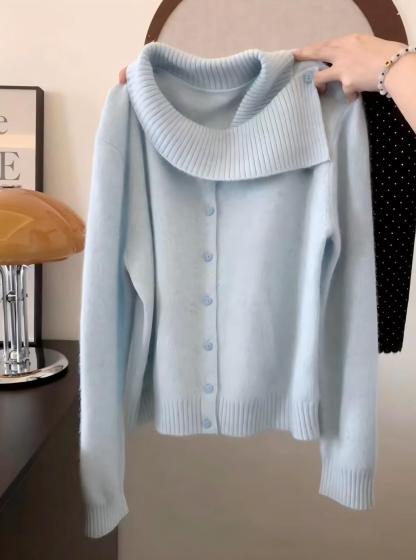 法式溫柔風顯白套裝｜藍色不規則領針織衫｜白色蕾絲花邊內搭｜秋季氣質兩件組