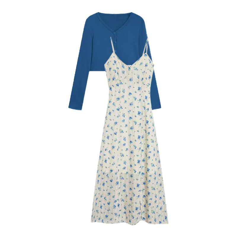 夏秋法式套裝｜清冷藍開衫+碎花連身裙｜清冷慵懶風｜兩件式層次穿搭