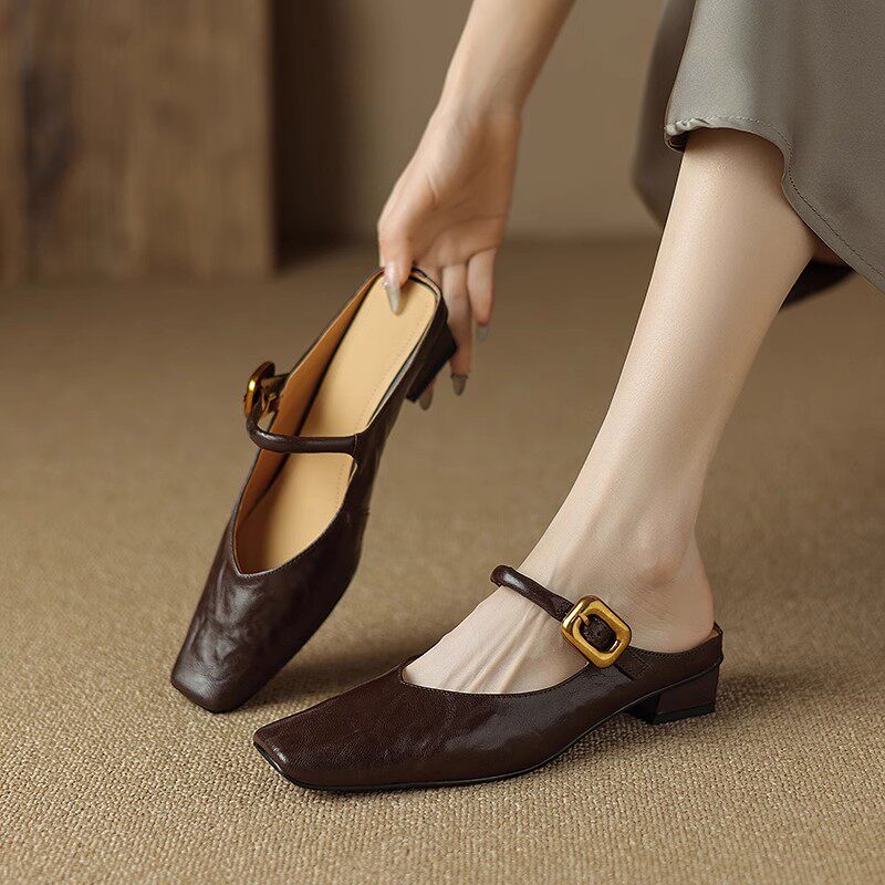 法式方頭包頭半拖 | 一字帶金扣平底涼鞋 | 黑棕雙色懶人鞋