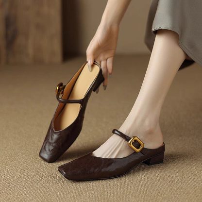 法式方頭包頭半拖 | 一字帶金扣平底涼鞋 | 黑棕雙色懶人鞋