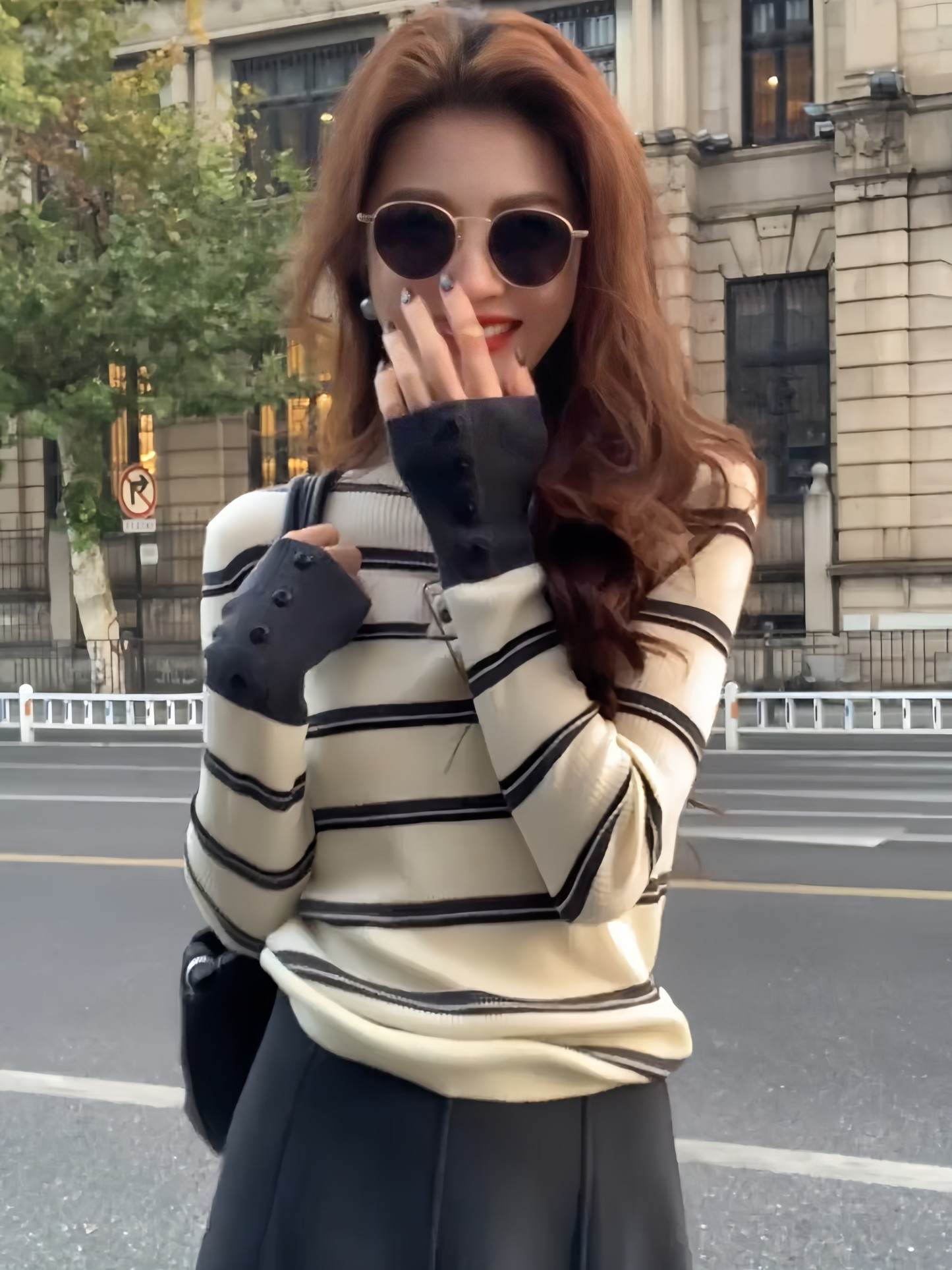 秋冬韓系鬆弛感套裝｜條紋針織毛衣｜針織半身裙｜簡約慵懶日常穿搭兩件組