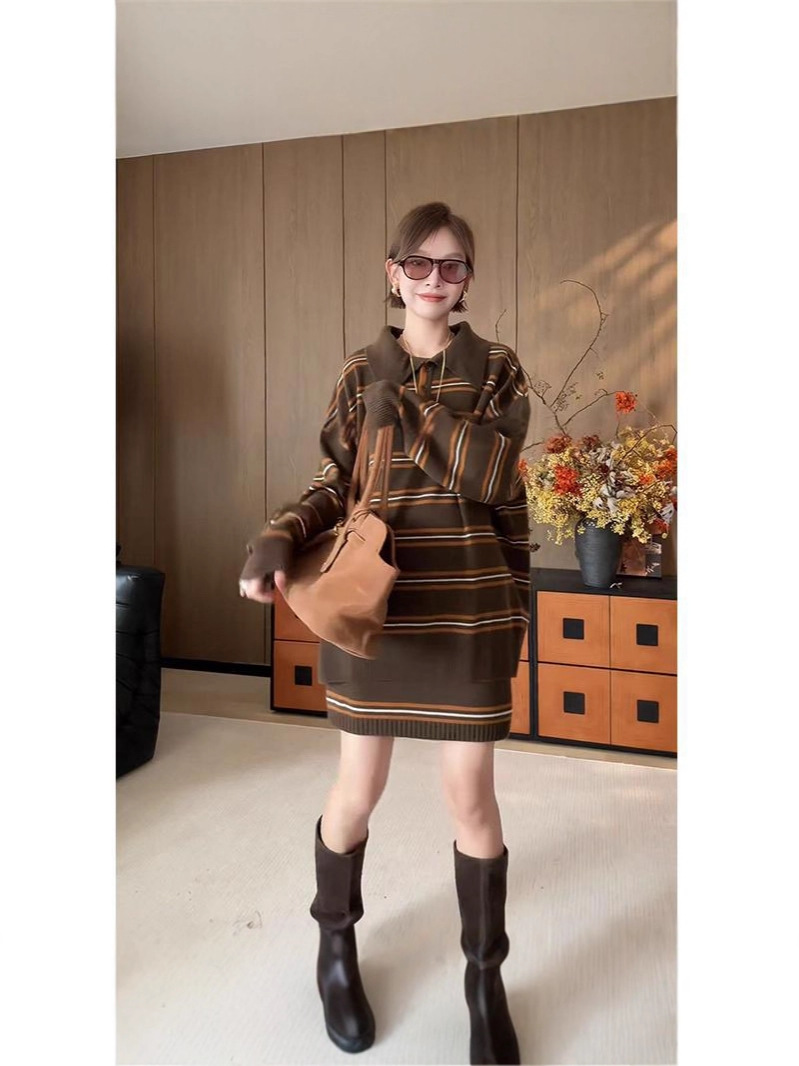 韓系慵懶風條紋毛衣+針織長裙套裝