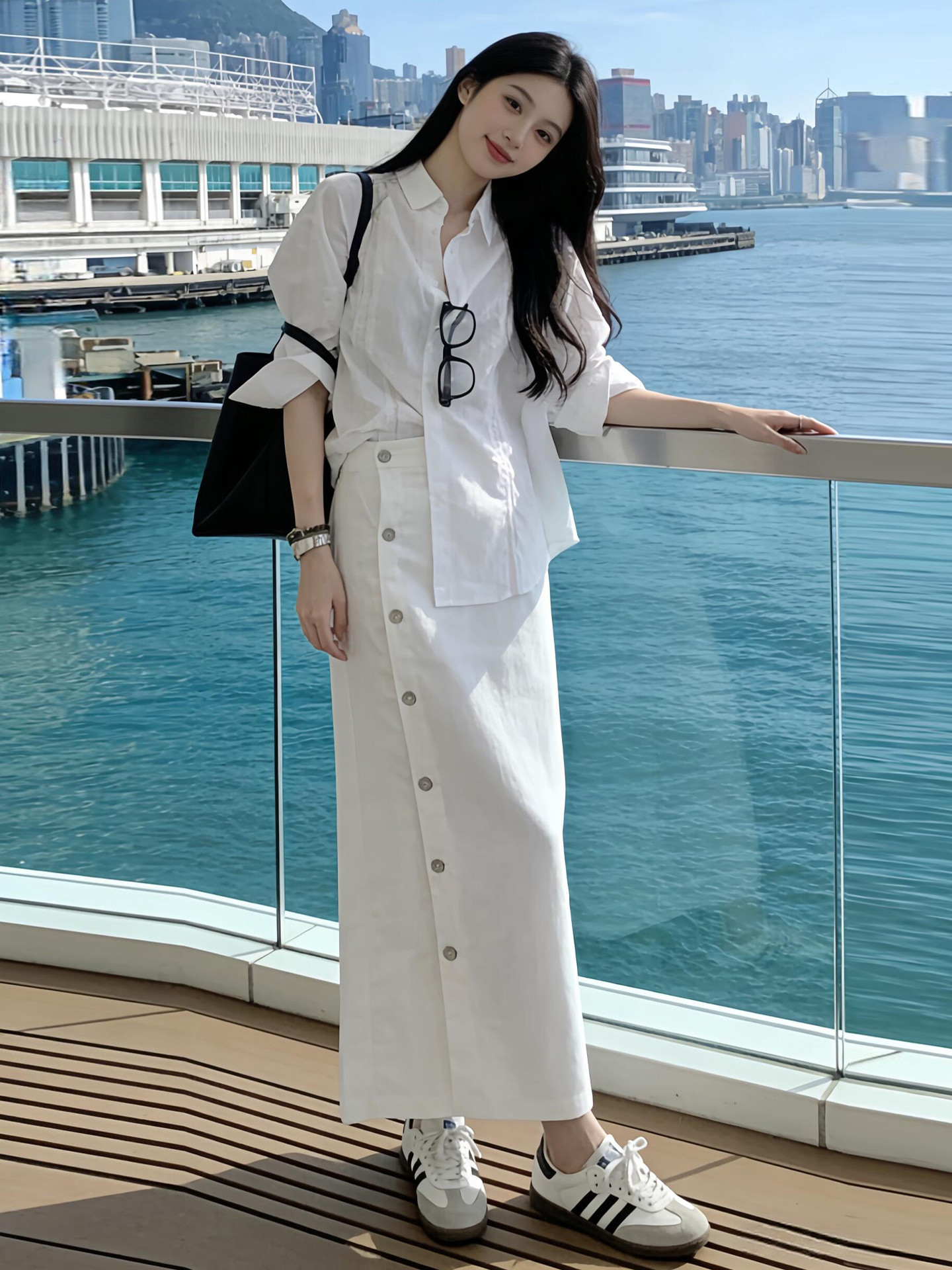 法式老錢風純白套裝｜棉麻長袖防晒襯衫｜紐扣高腰半身裙