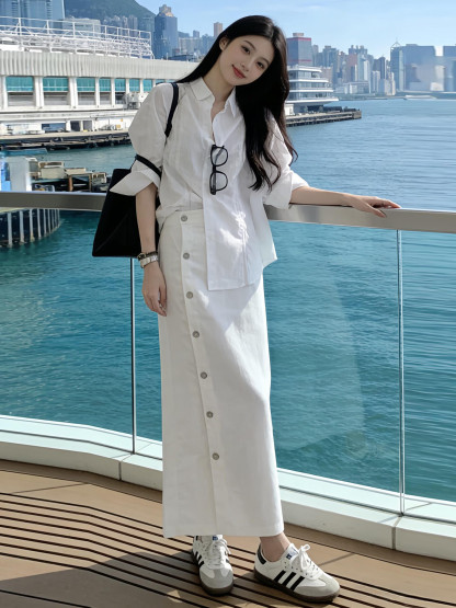 法式老錢風純白套裝｜棉麻長袖防晒襯衫｜紐扣高腰半身裙