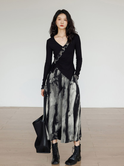 冷淡系獨特設計套裝 水墨暈染長裙 + 不規則上衣 2026 春季新款兩件式