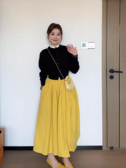 法式氣質套裝｜黑色針織開衫｜高腰黃色半身裙兩件組｜活力優雅日常穿搭