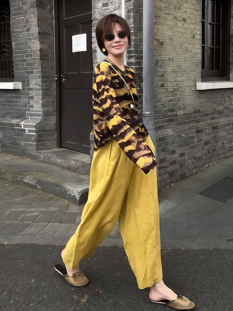 早秋虎紋套裝｜防曬罩紗薄款長袖+黃色高腰九分褲｜慵懶風兩件式｜鬆緊帶設計