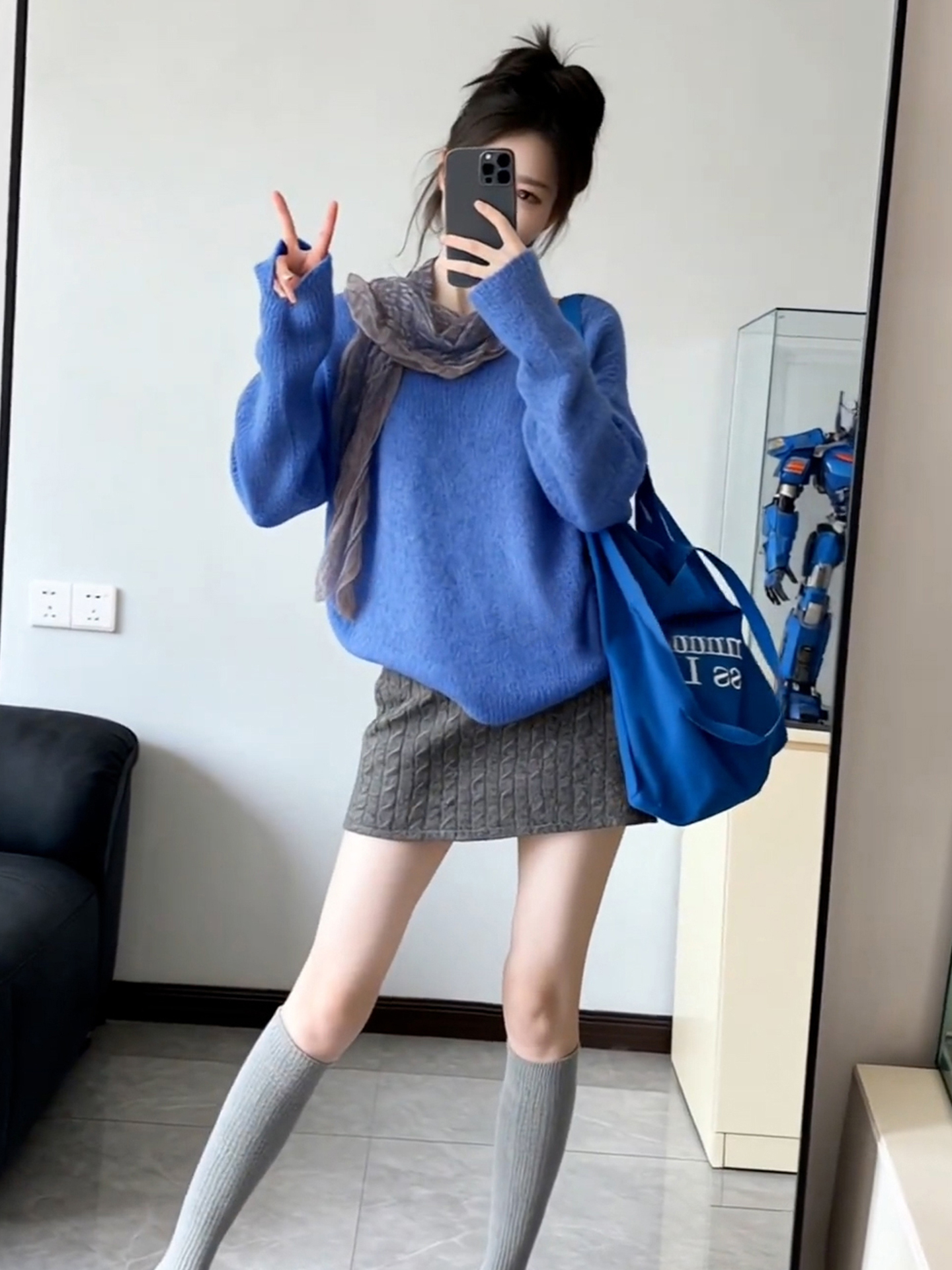 秋冬針織套裝｜藍色毛衣｜針織半身裙｜氣質藍灰色系兩件組｜溫柔感日常穿搭