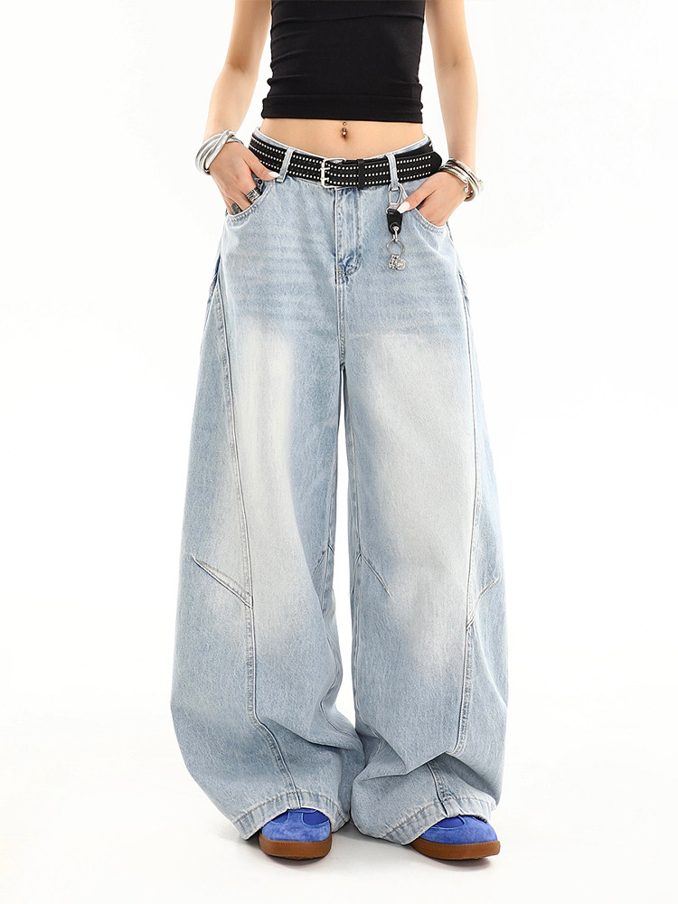 淺色彎刀設計感牛仔褲｜夏季美式復古寬鬆闊腿拖地潮褲女