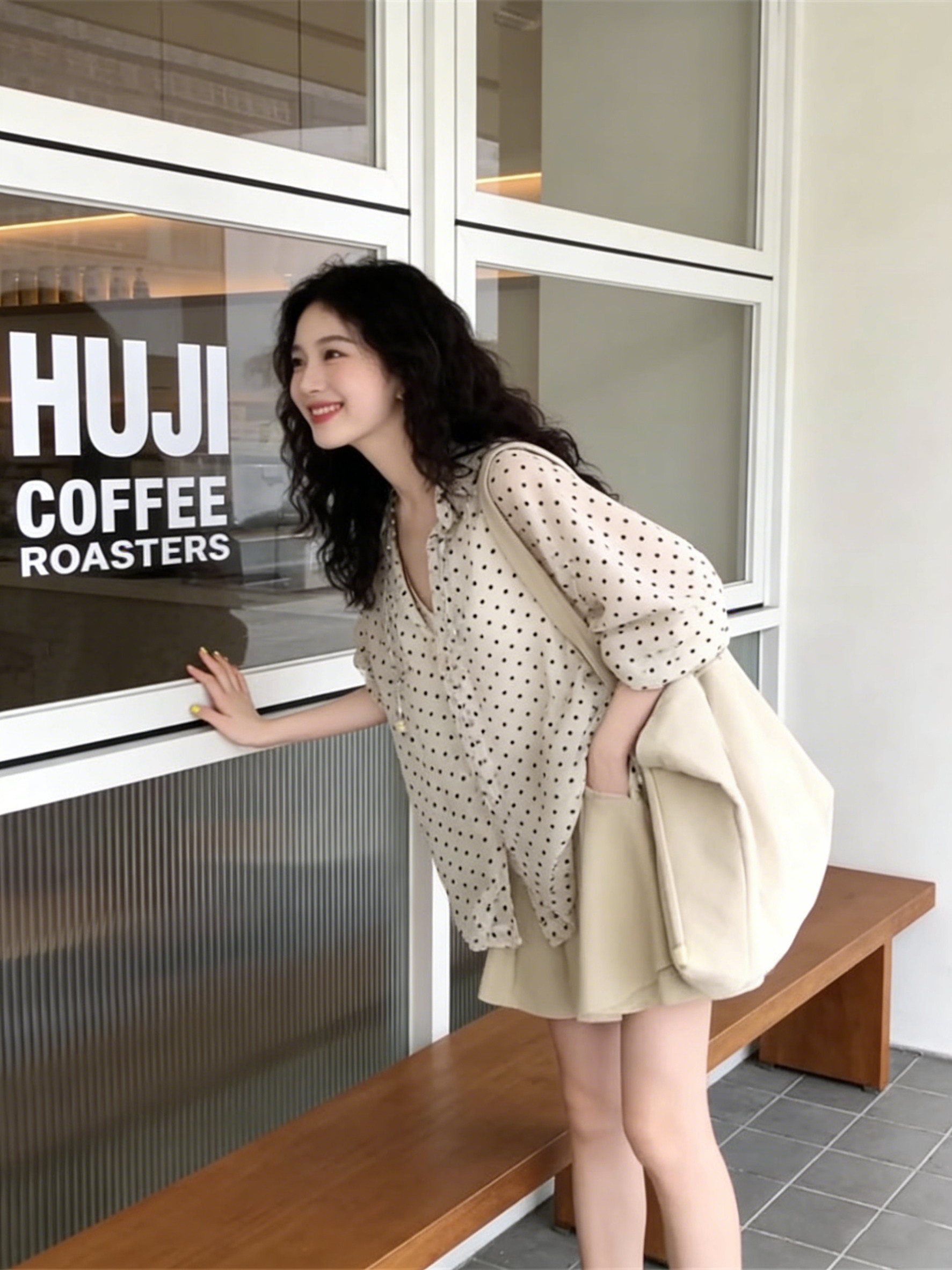 雪紡波點襯衫 | 高腰短褲兩件套