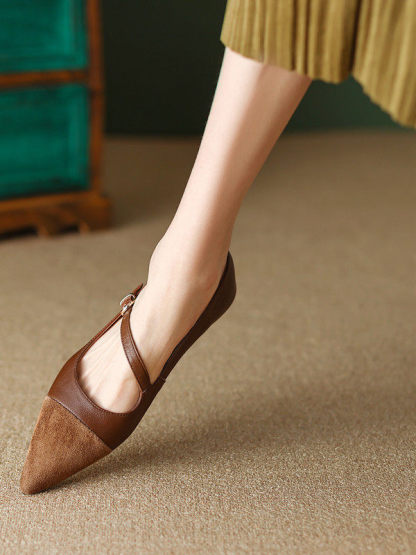 復古尖頭一字扣帶單鞋 | 真皮拼接法式平底鞋