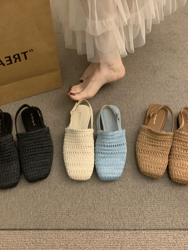 方頭一字帶草編涼單鞋 | 夏季淺口平底女鞋