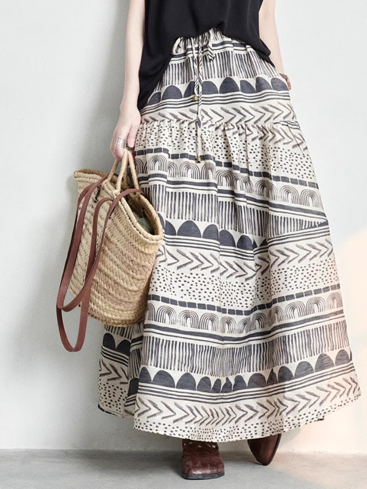 夏季限量款！復古印花A字裙｜棉麻混紡垂墜面料｜高腰修飾小腹｜文藝風大擺設計