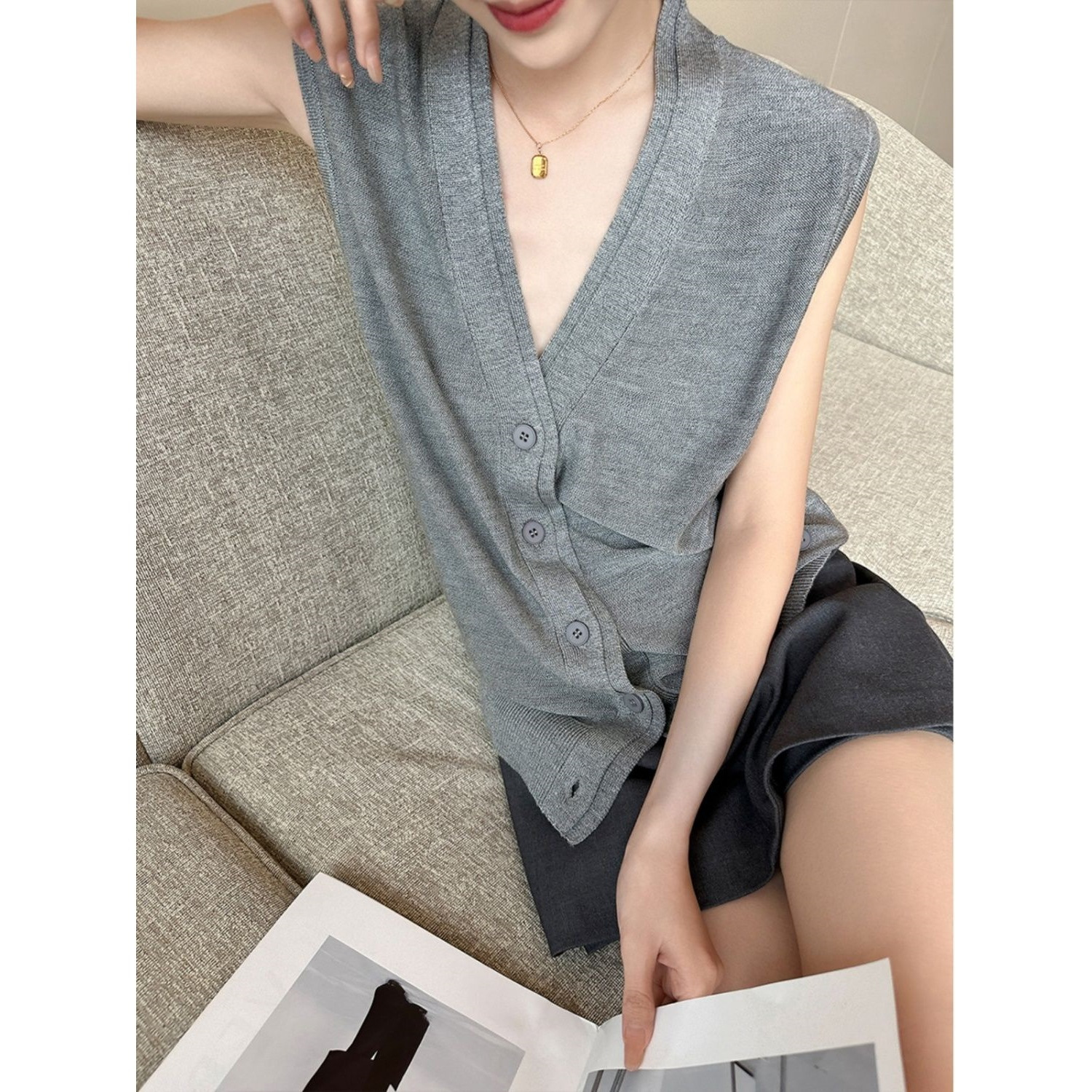 夏季薄款針織開衫 | 拼接假兩件上衣