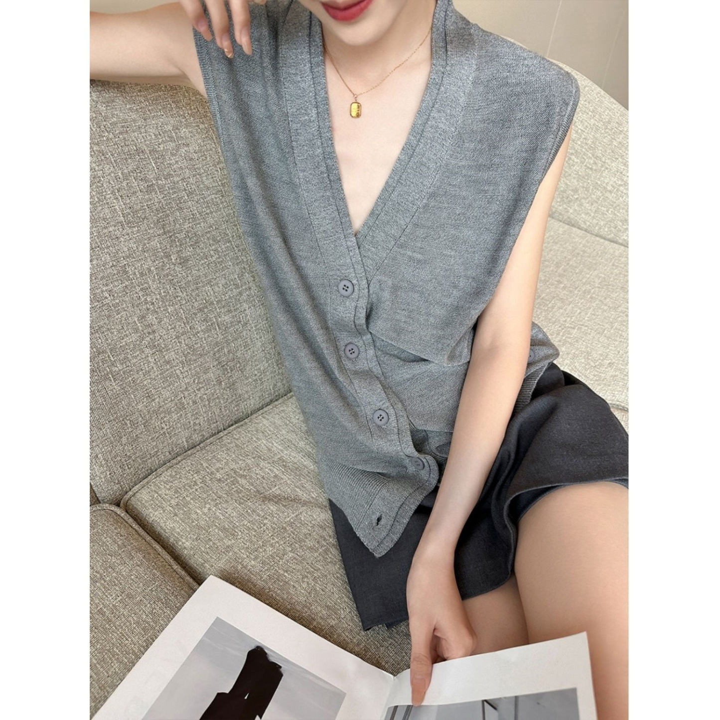 夏季薄款針織開衫 | 拼接假兩件上衣