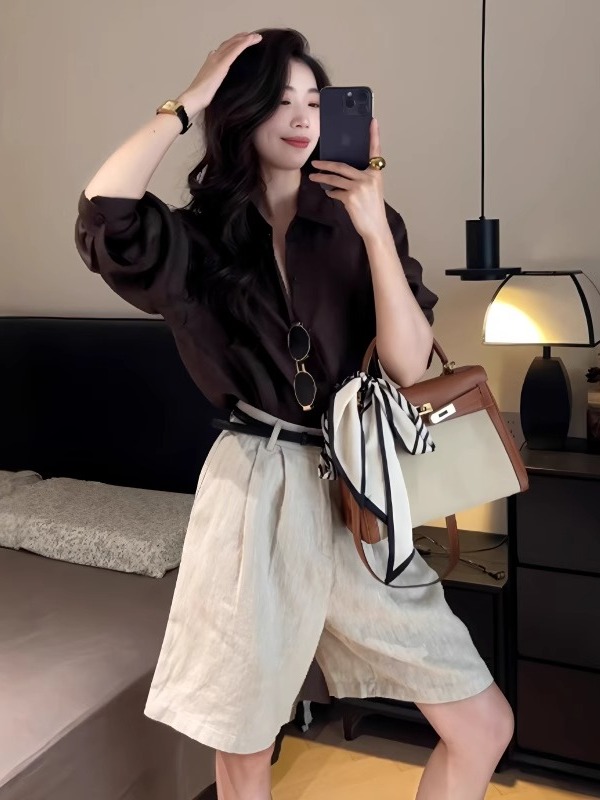 秋季老錢風套裝｜咖啡色翻領襯衫+亞麻短褲｜韓系高級感兩件式