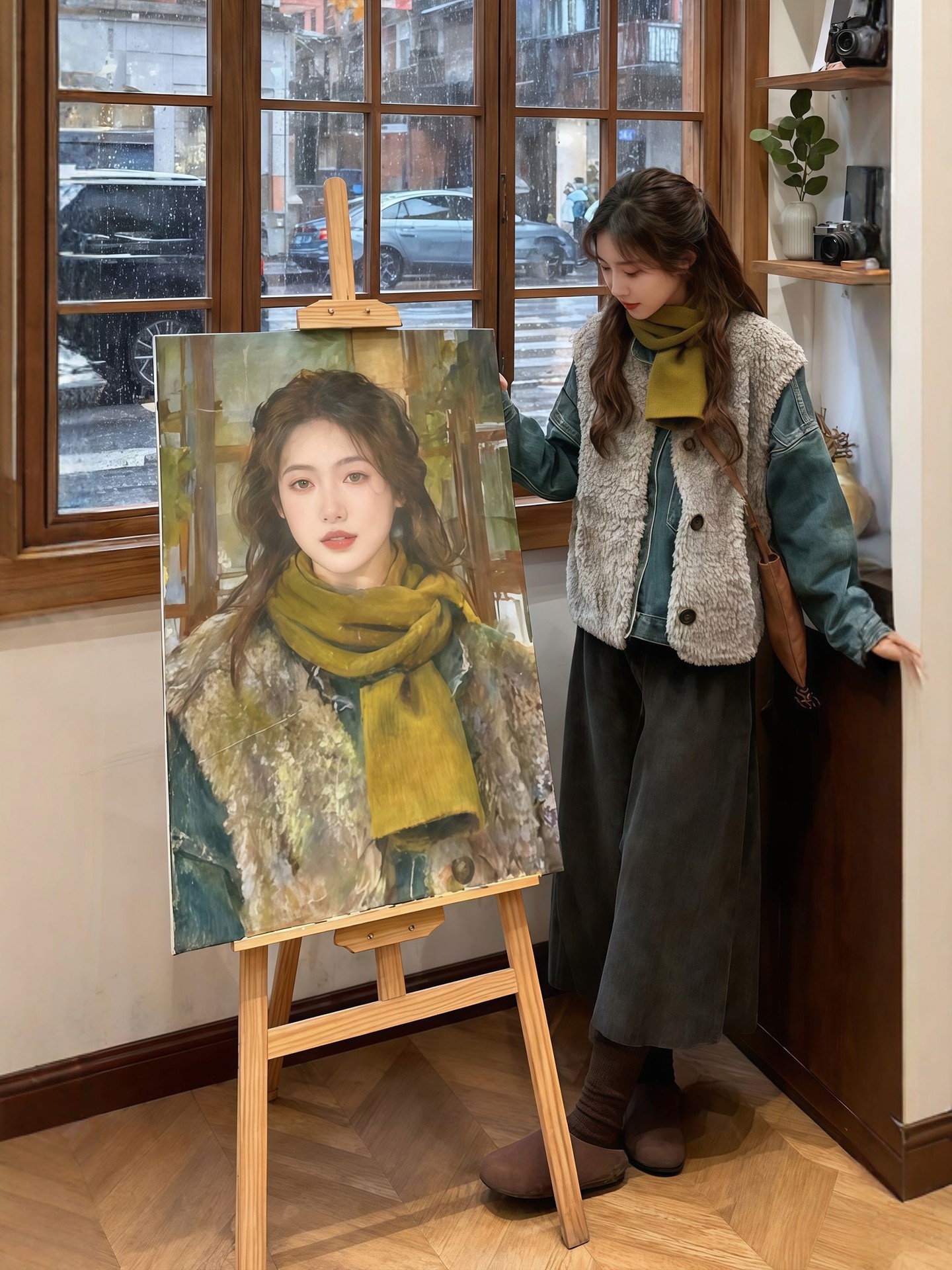 秋冬季大尺碼胖 mm 套裝 牛仔襯衫疊穿羊羔毛馬甲 + 闊腿褲 復古時尚女裝