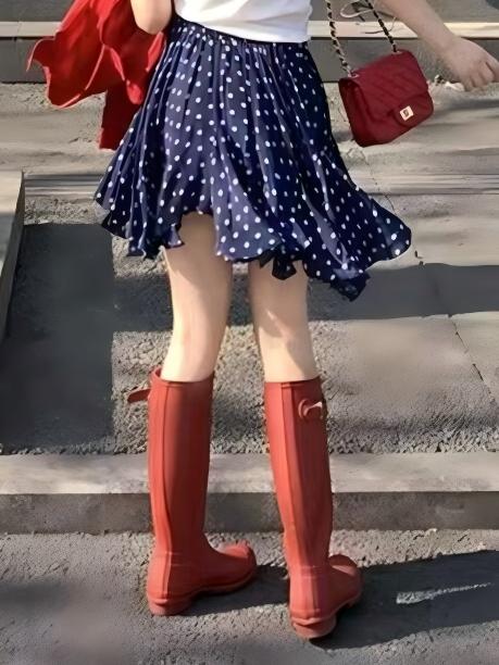 秋季韓系小香風套裝｜紅色襯衫+藏青波點裙+白短袖｜鹽系三件式｜高級感穿搭