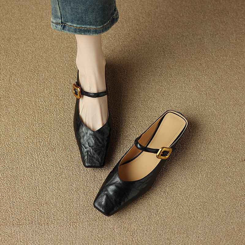 法式方頭包頭半拖 | 一字帶金扣平底涼鞋 | 黑棕雙色懶人鞋
