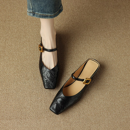 法式方頭包頭半拖 | 一字帶金扣平底涼鞋 | 黑棕雙色懶人鞋