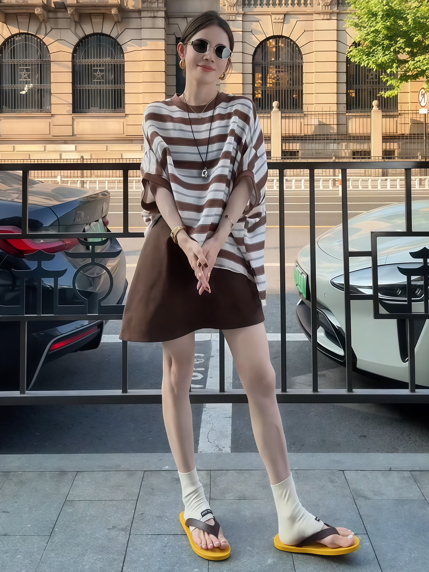 獨家設計款｜撞色條紋短袖上衣+顯瘦A字裙｜寬鬆兩件式｜夏季復古套裝