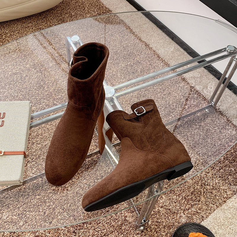 法式圓頭馬丁短靴｜隱形內增高設計｜西部風平底短筒靴