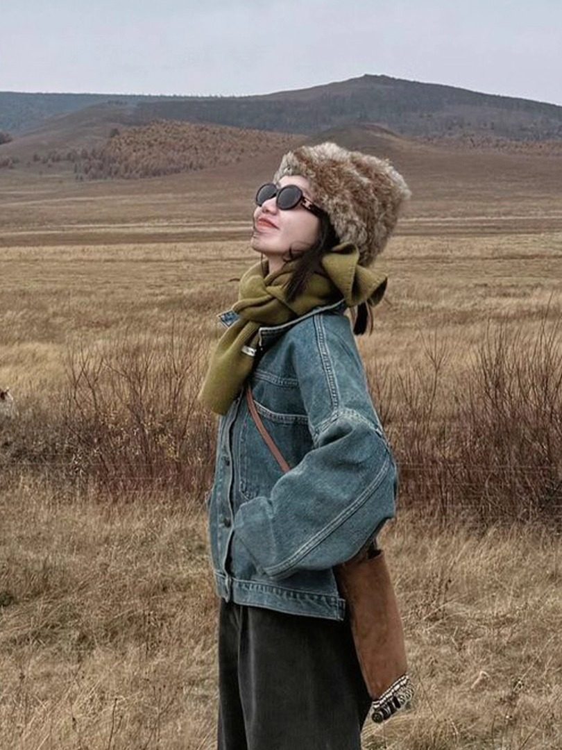 秋冬季大尺碼胖 mm 套裝 牛仔襯衫疊穿羊羔毛馬甲 + 闊腿褲 復古時尚女裝