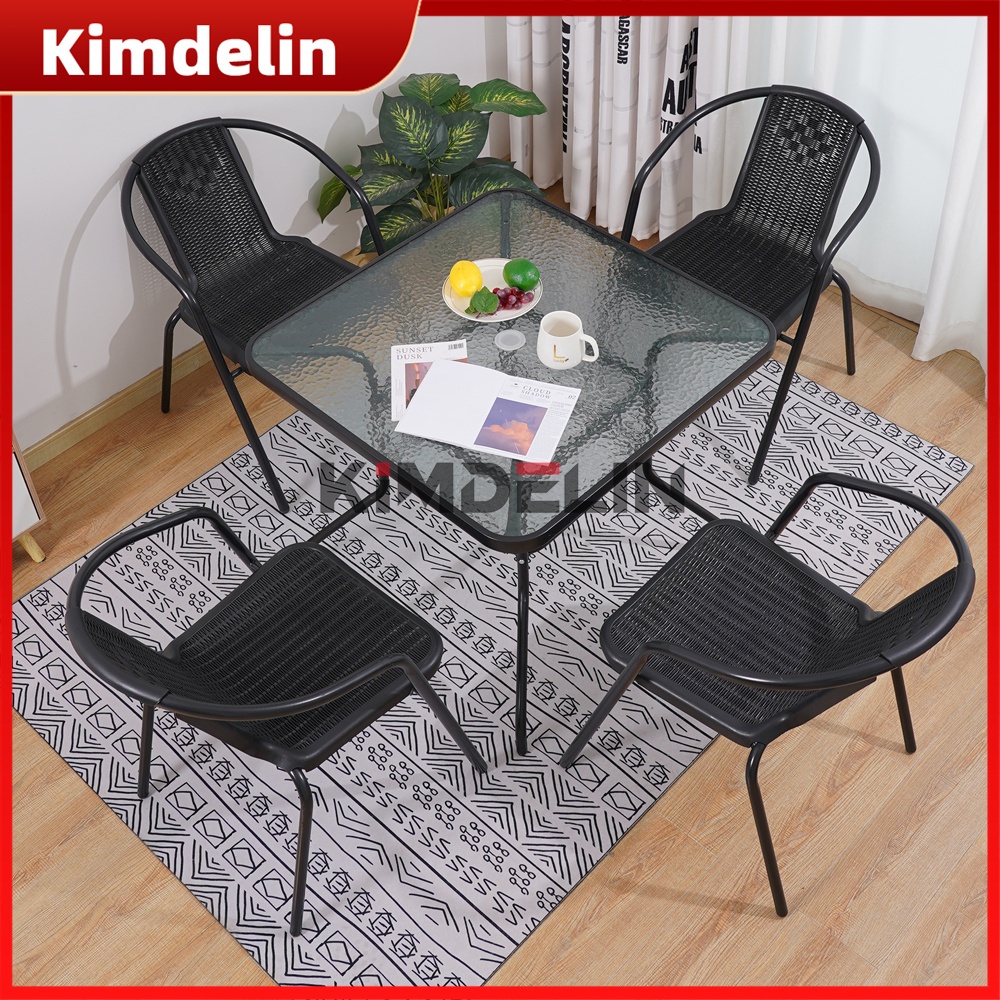 【READY STOCK】KIMDELIN Outdoor Furniture Garden Set 4 Chairs + 1 Square Black Table For Balcony,Patio,Terrace