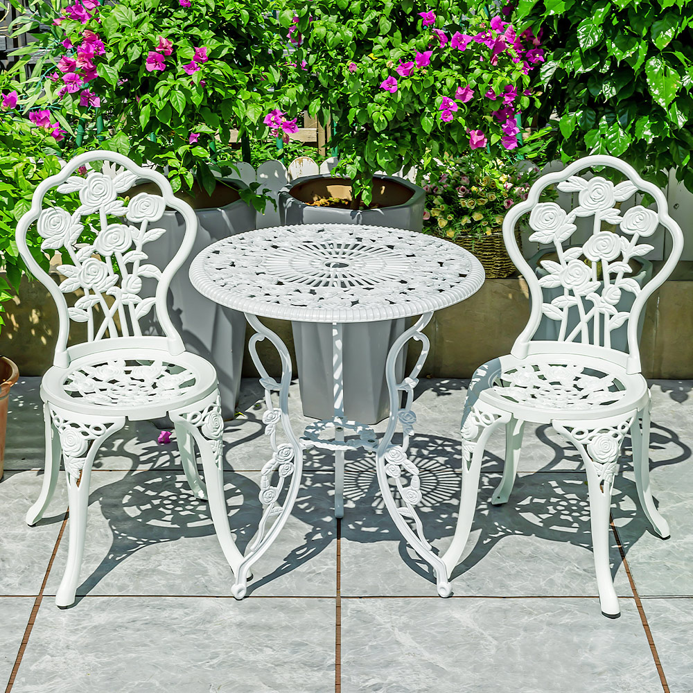 KIMDELIN 3 Piece Bistro Table Set with Tulip Design, Cast Aluminum Patio Bistro Table and Chairs for Garden, Bronze/White