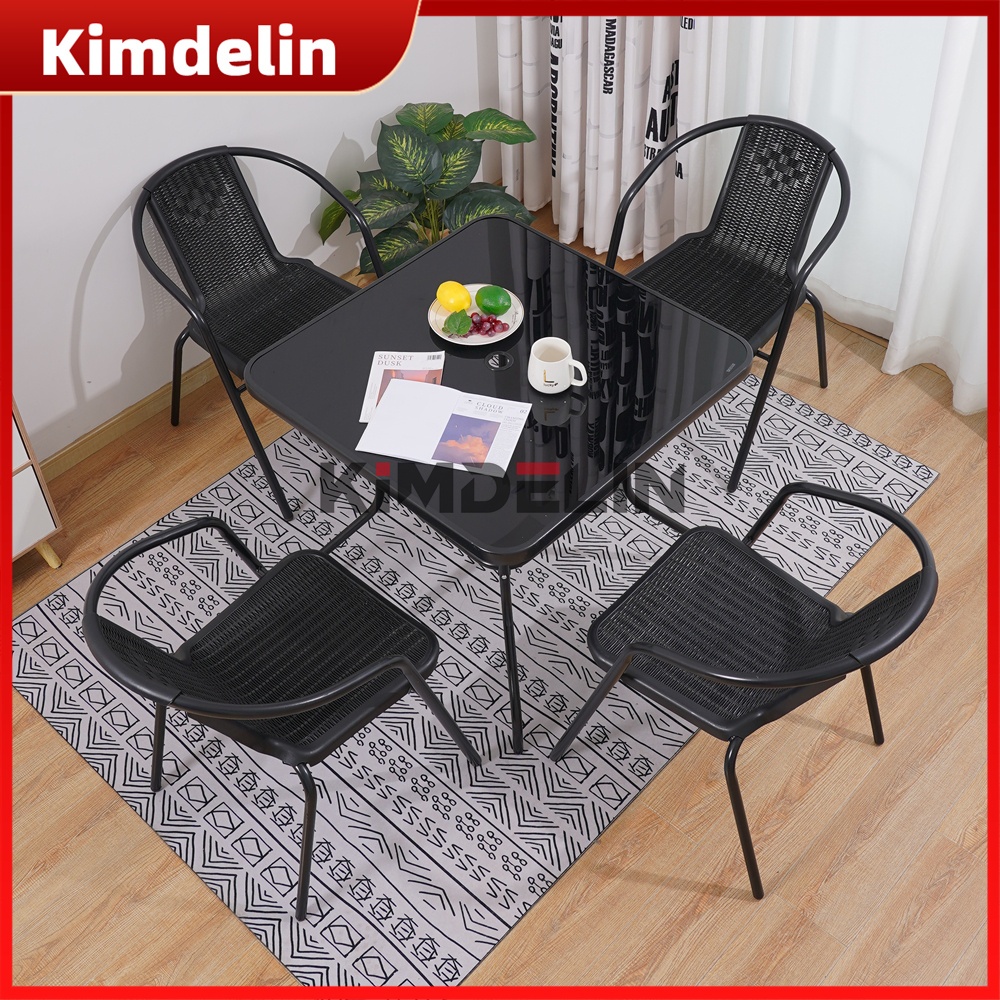 【READY STOCK】KIMDELIN Outdoor Furniture Garden Set 4 Chairs + 1 Square Black Table For Balcony,Patio,Terrace
