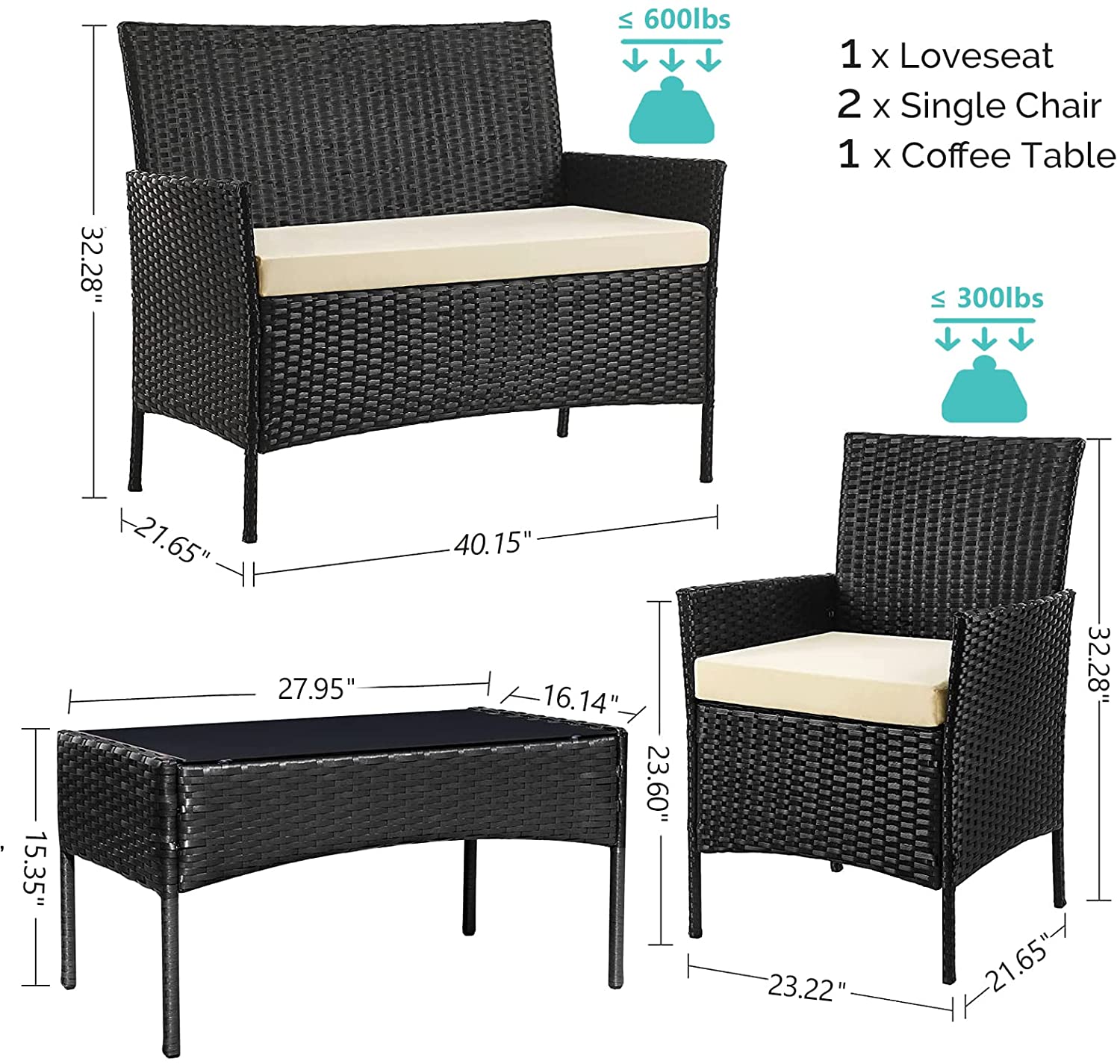 KIMDELIN 4PCS Patio Outdoor Rattan Furniture Sets, Black/Brown