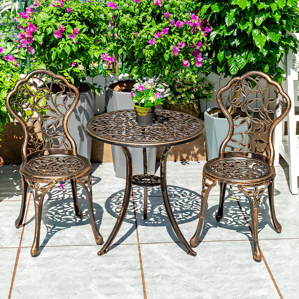 KIMDELIN 3 Piece Bistro Table Set with Tulip Design, Cast Aluminum Patio Bistro Table and Chairs for Garden, Bronze/White