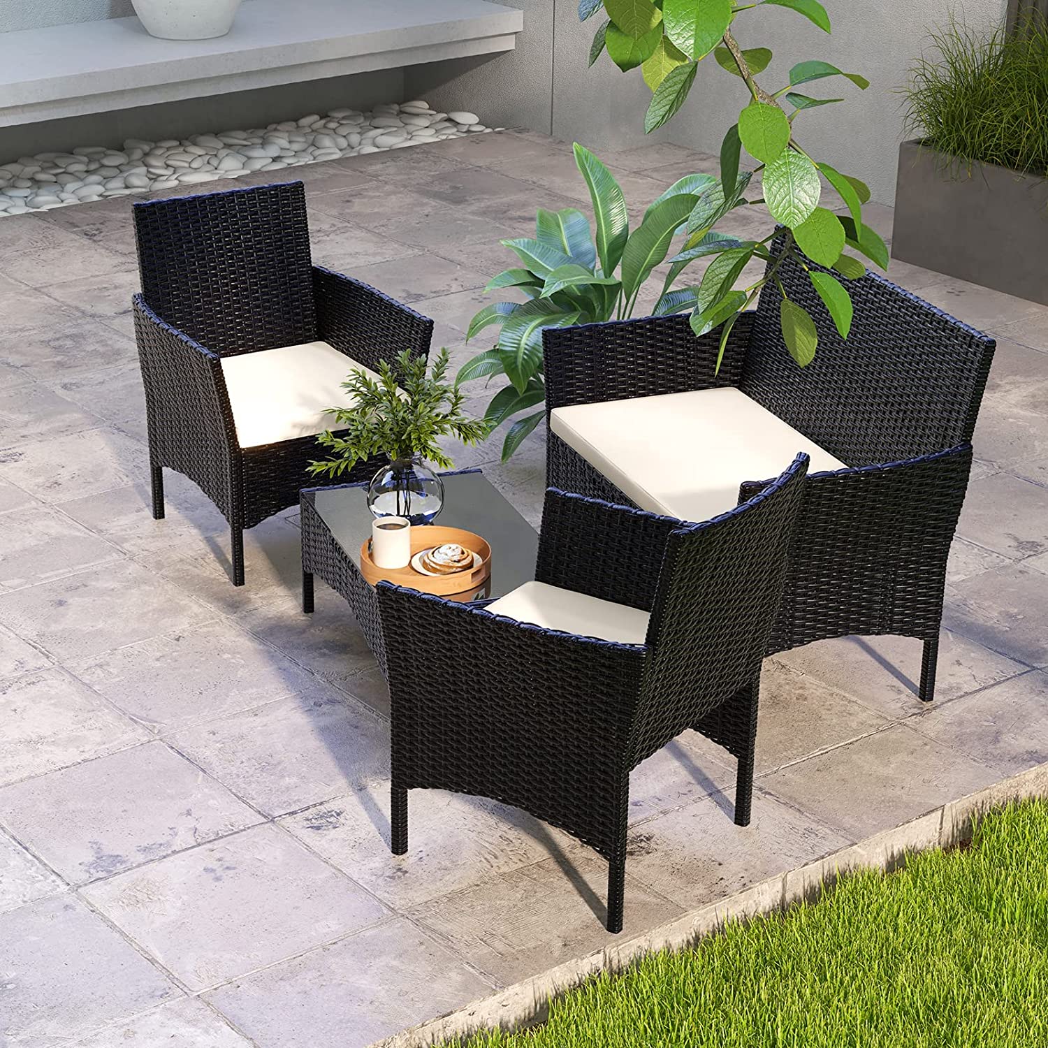 KIMDELIN 4PCS Patio Outdoor Rattan Furniture Sets, Black/Brown