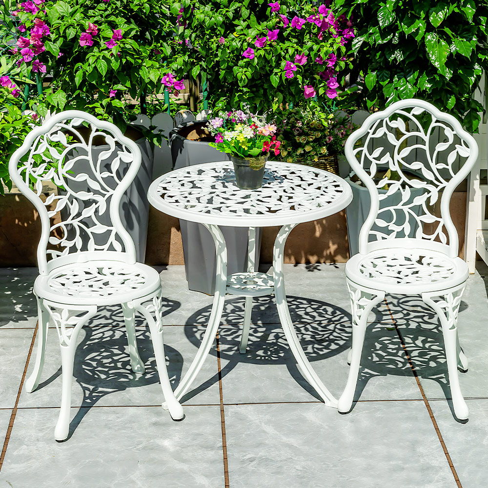 KIMDELIN 3 Piece Bistro Table Set with Tulip Design, Cast Aluminum Patio Bistro Table and Chairs for Garden, Bronze/White