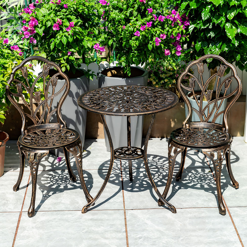 KIMDELIN 3 Piece Bistro Table Set with Tulip Design, Cast Aluminum Patio Bistro Table and Chairs for Garden, Bronze/White