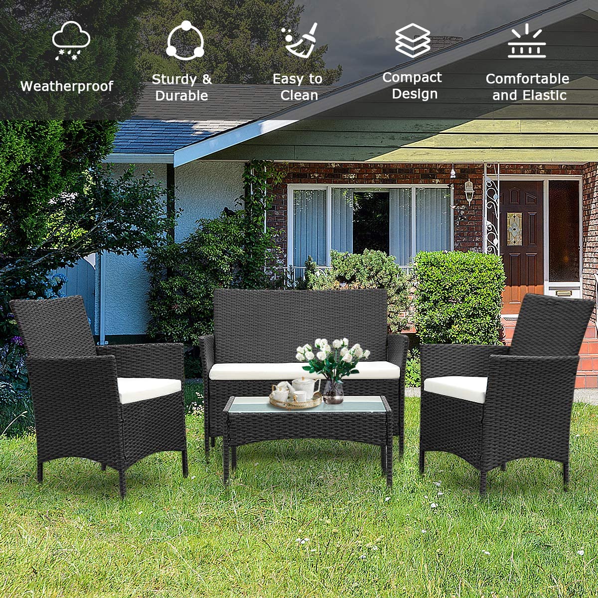 KIMDELIN 4PCS Patio Outdoor Rattan Furniture Sets, Black/Brown