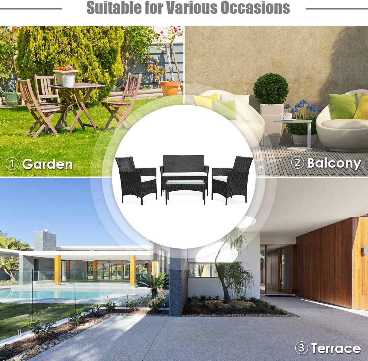 KIMDELIN 4PCS Patio Outdoor Rattan Furniture Sets, Black/Brown